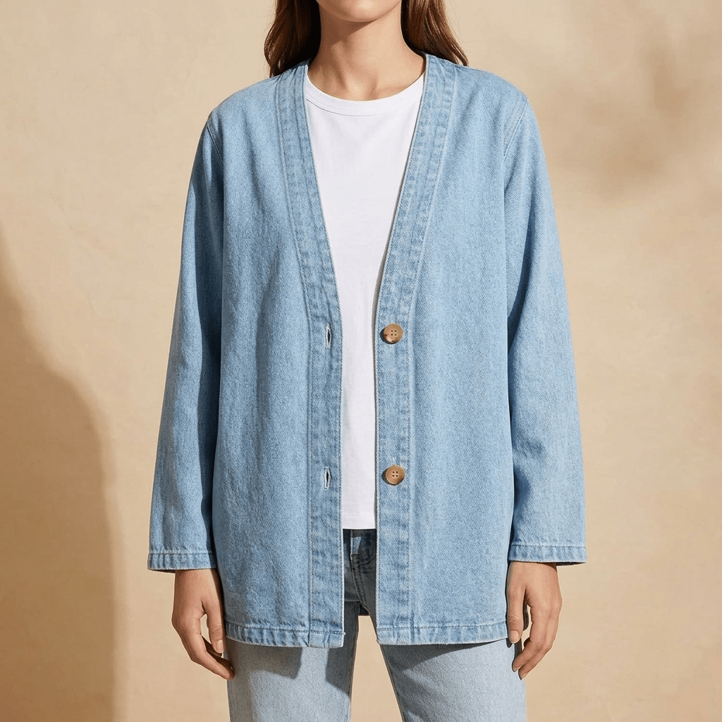 Light blue denim button-front cardigan with relaxed fit and 3/4 sleeves