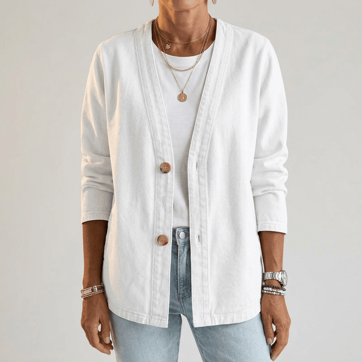 White denim button-front cardigan with relaxed fit and 3/4 sleeves