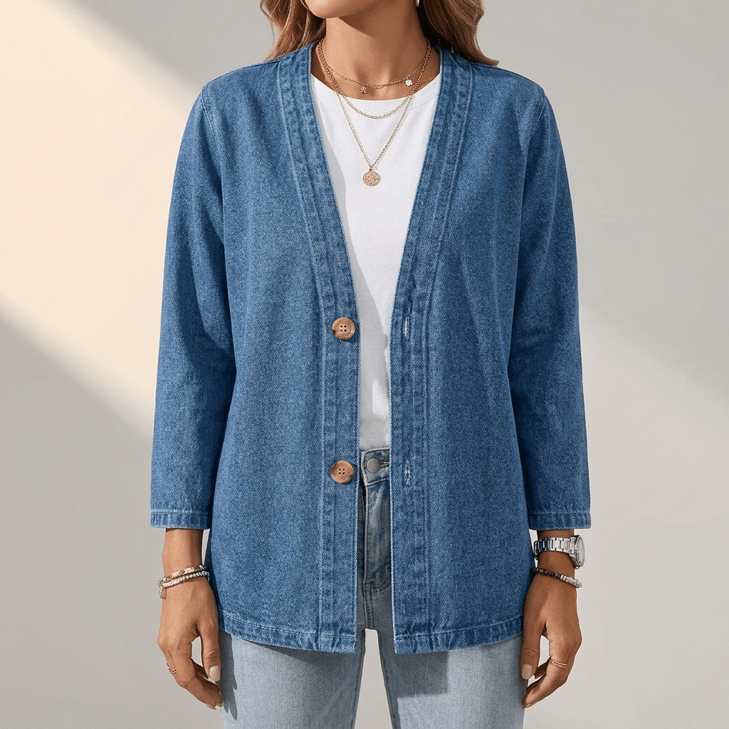 Dark blue denim button-front cardigan with relaxed fit and 3/4 sleeves