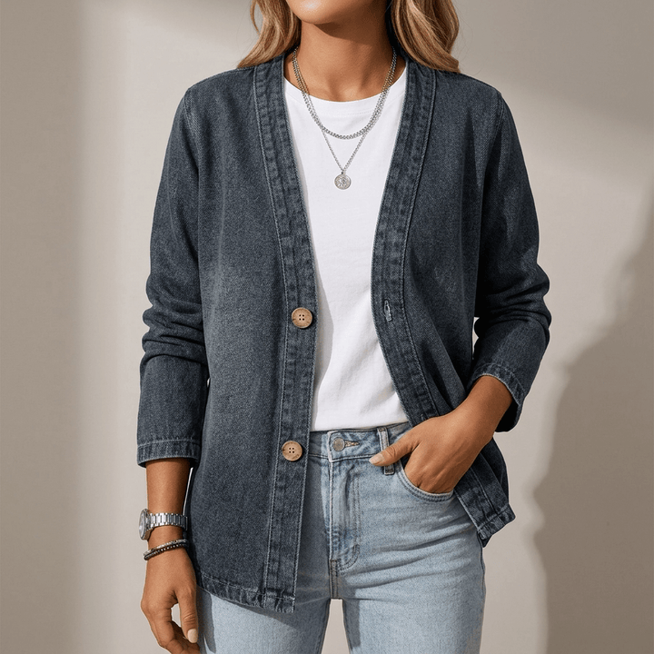 Black denim button-front cardigan with relaxed fit and 3/4 sleeves