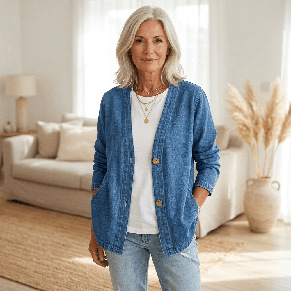 Blue denim button-front cardigan with relaxed fit and long sleeves