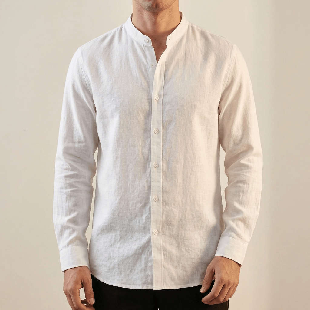 White grandad collar shirt, long sleeves, and front button placket