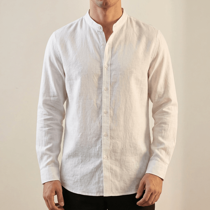 White grandad collar shirt, long sleeves, and front button placket