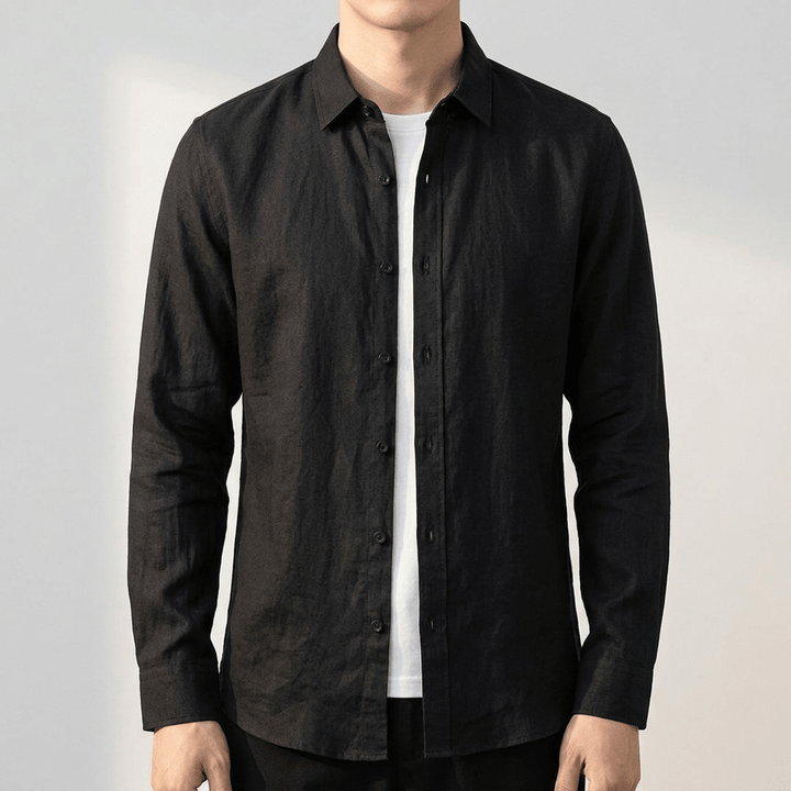 Black grandad collar shirt with long sleeves and button-front placket