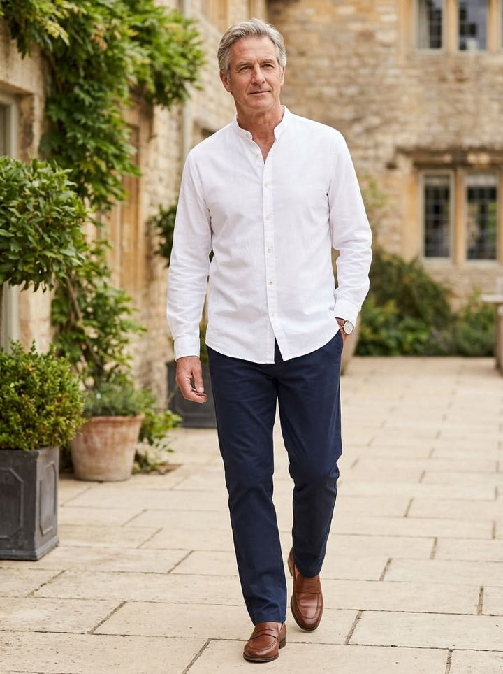 White grandad collar shirt with long sleeves and button-front placket