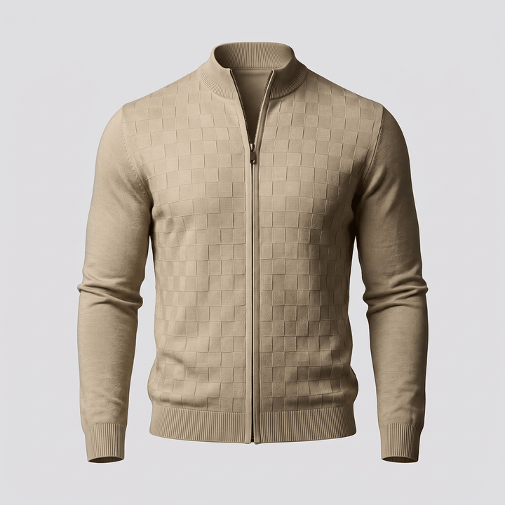 Beige textured checkerboard knit zip cardigan, ribbed stand collar and hem