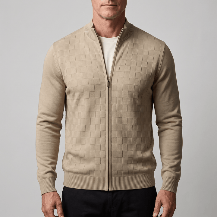 Beige textured checkerboard knit zip cardigan with ribbed stand collar and cuffs