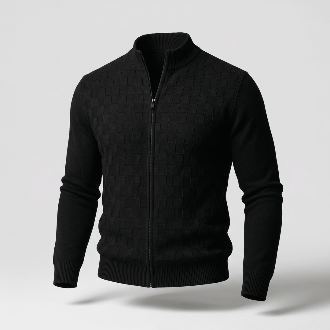 Black textured checkerboard knit zip cardigan with ribbed stand collar