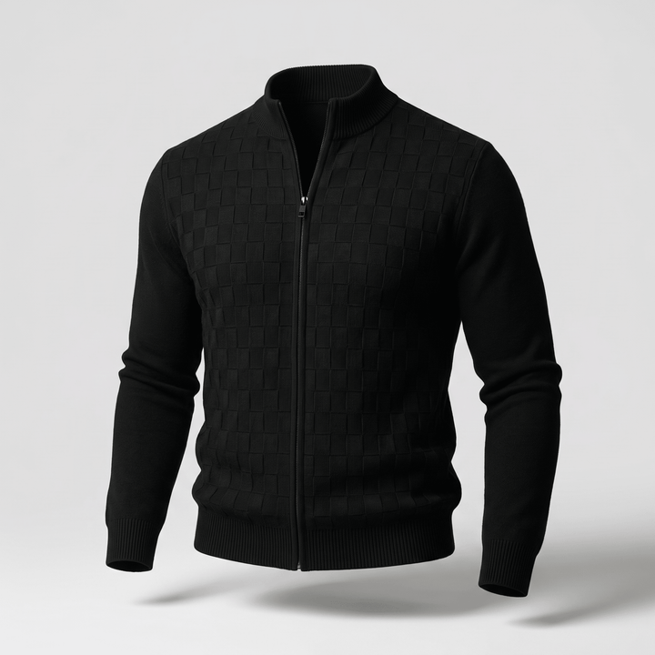Black textured checkerboard knit zip cardigan with ribbed stand collar