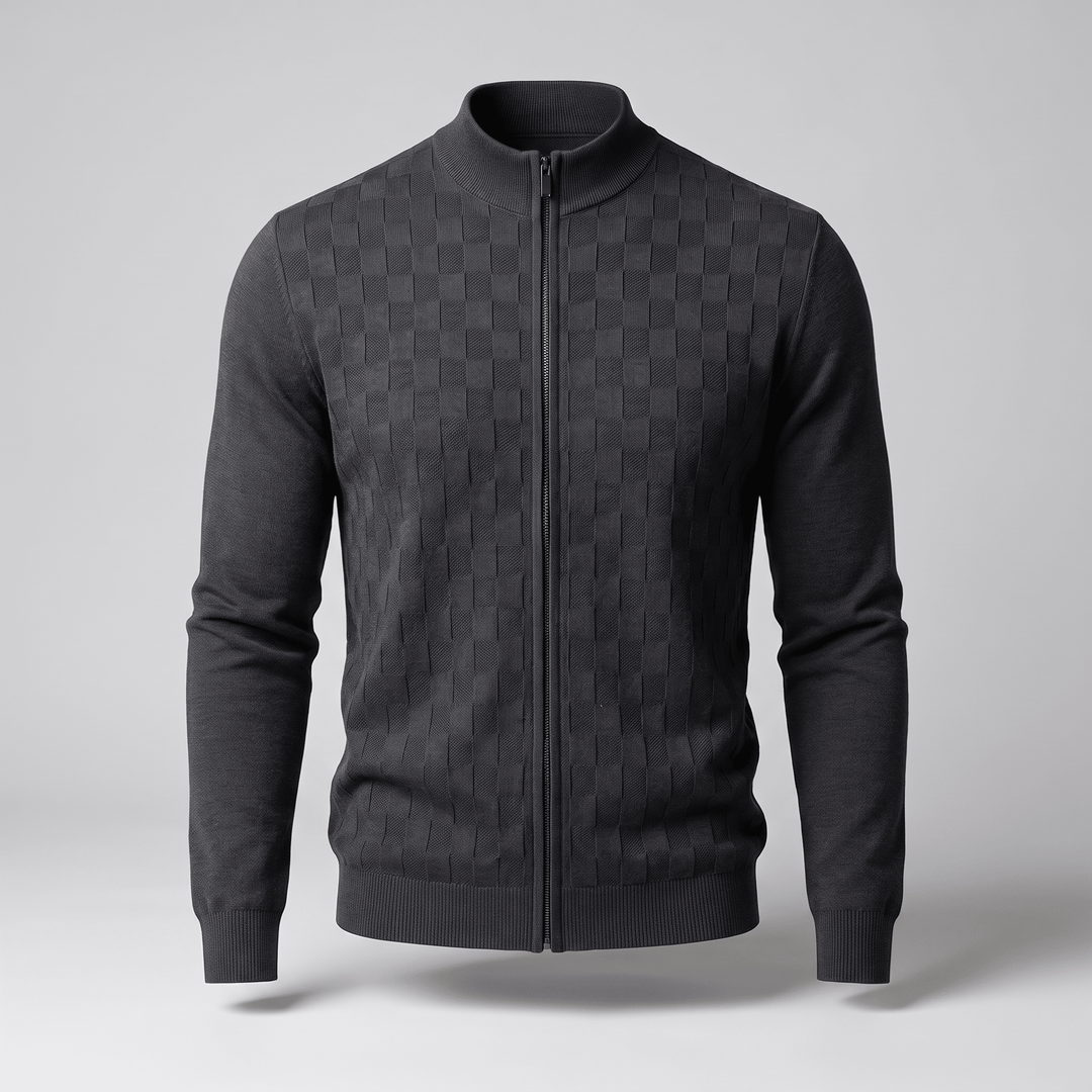 Dark grey textured checkerboard knit zip cardigan with ribbed stand collar