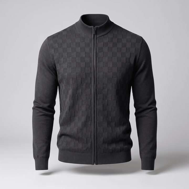 Dark grey textured checkerboard knit zip cardigan with ribbed stand collar