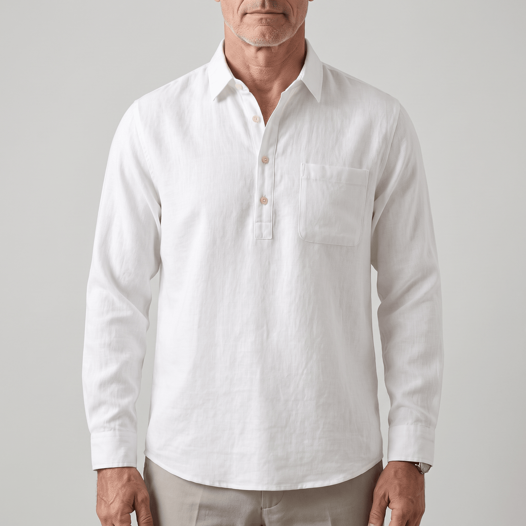 White grandad collar button-up shirt with long sleeves and left chest pocket