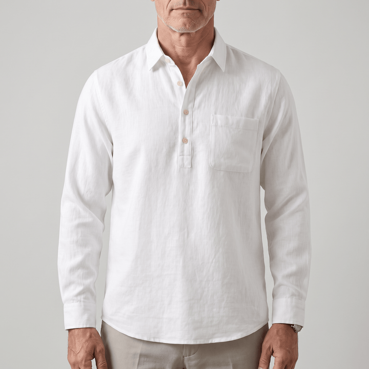 White grandad collar button-up shirt with long sleeves and left chest pocket