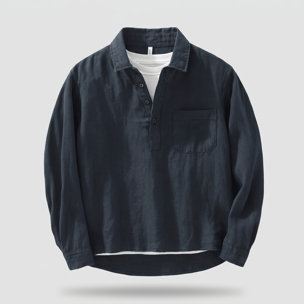Navy grandad collar button placket shirt with long sleeves and chest pocket