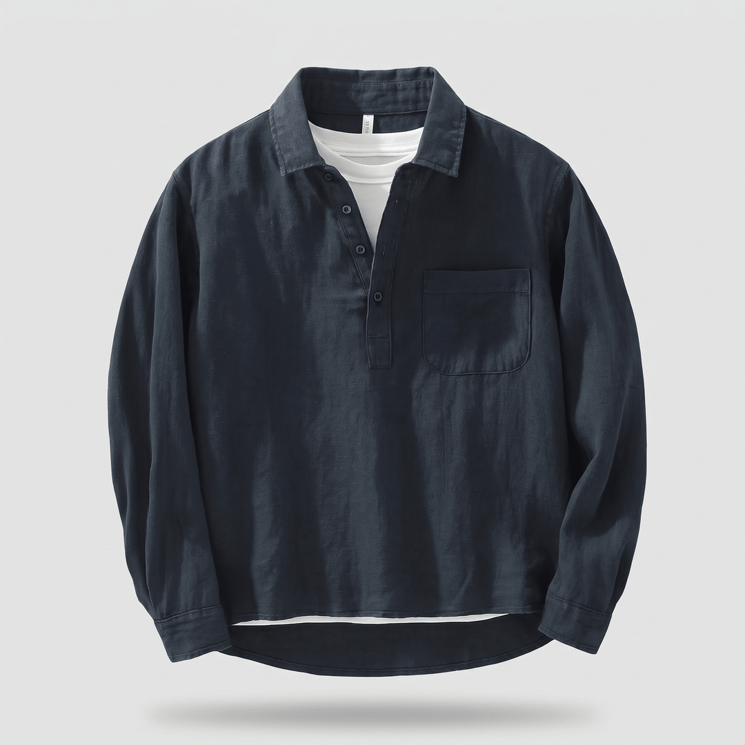 Navy grandad collar button placket shirt with long sleeves and chest pocket