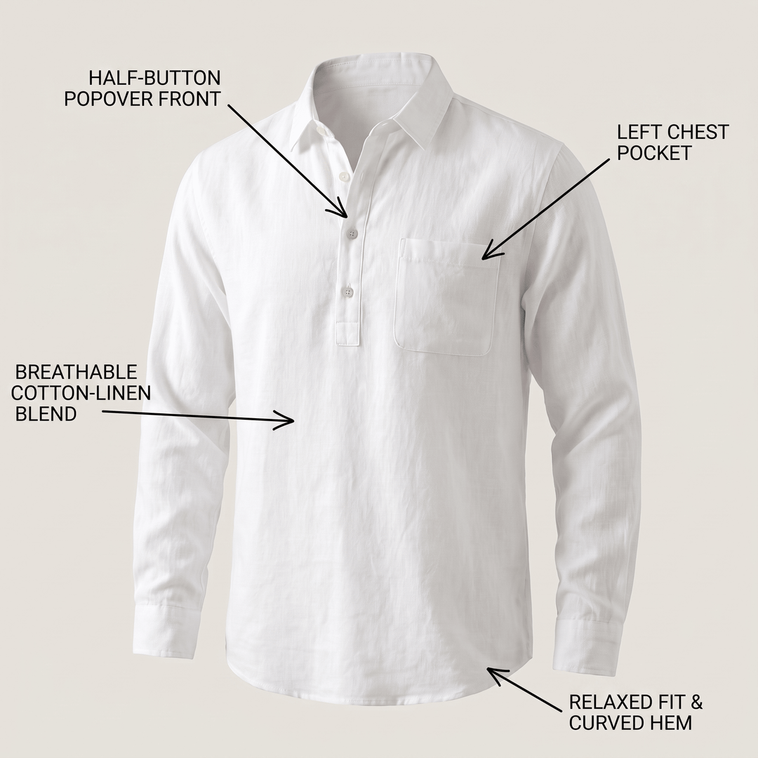 White grandad collar shirt with half-button front, left chest pocket, curved hem