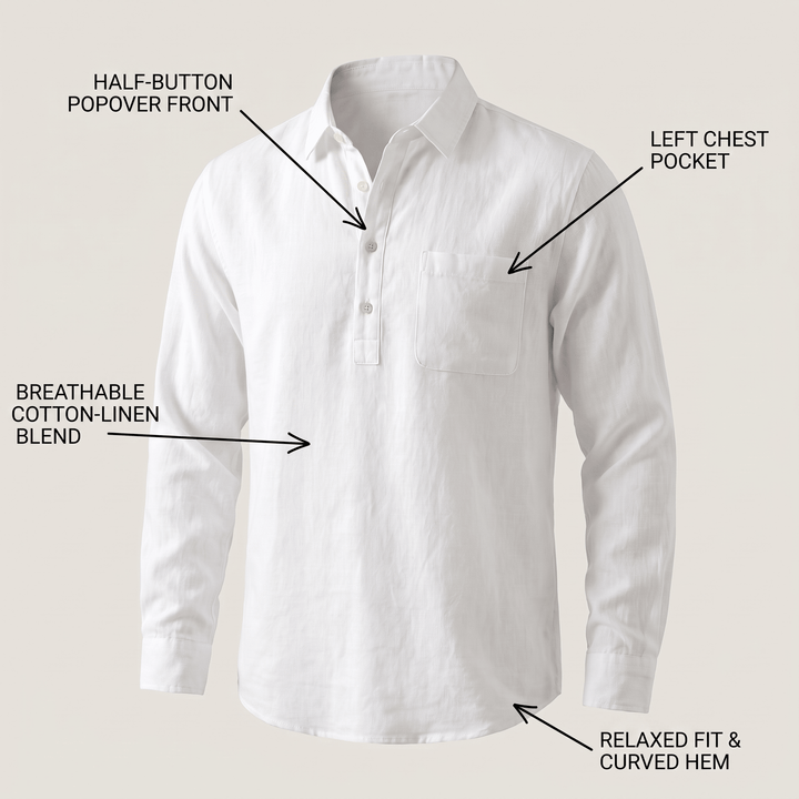 White grandad collar shirt with half-button front, left chest pocket, curved hem