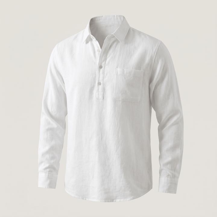 White grandad collar long-sleeve shirt with button placket and chest pocket
