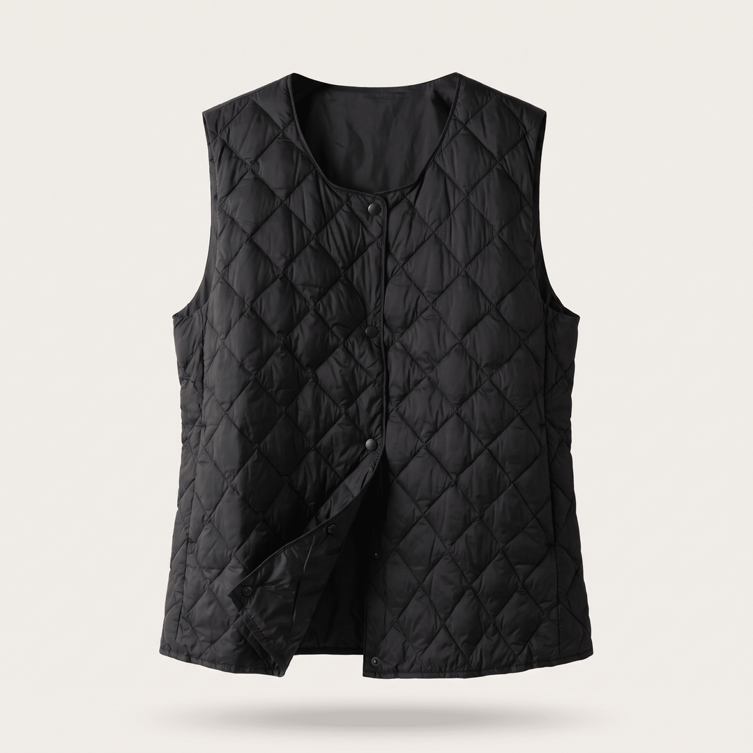 Black quilted sleeveless vest with diamond stitching and snap-button front