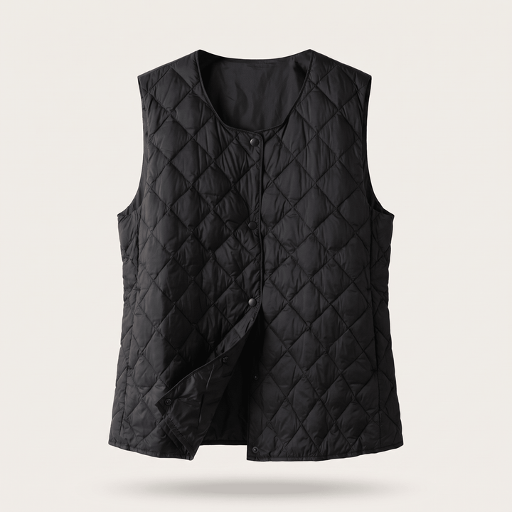 Black quilted sleeveless vest with diamond stitching and snap-button front