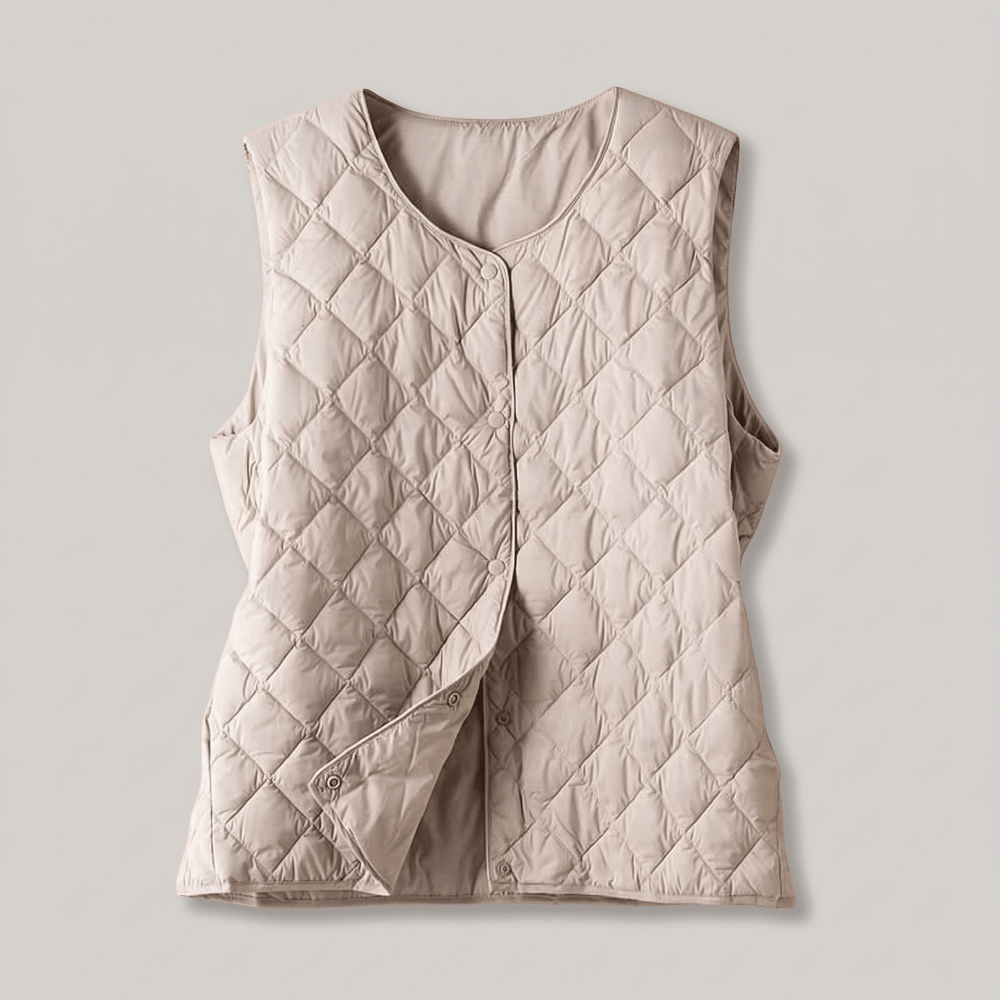Beige quilted sleeveless vest with diamond pattern and button-front closure