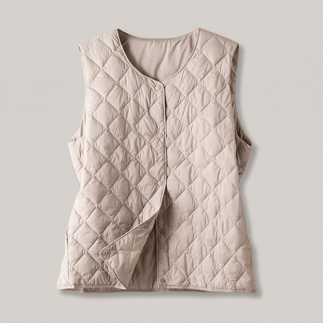 Beige quilted sleeveless vest with diamond pattern and button-front closure