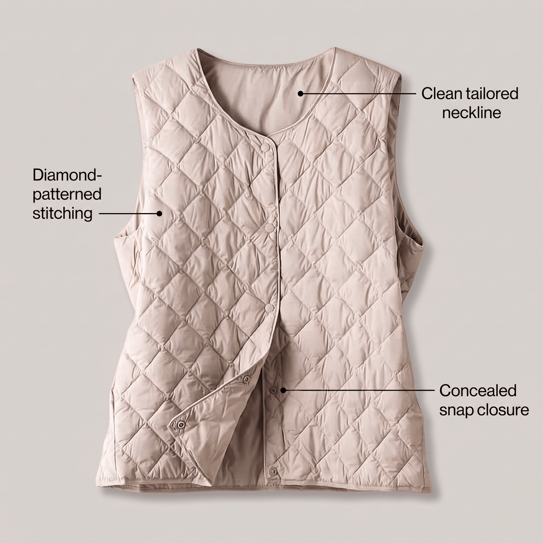 Beige quilted vest with clean round neckline, diamond stitching, concealed snap closure