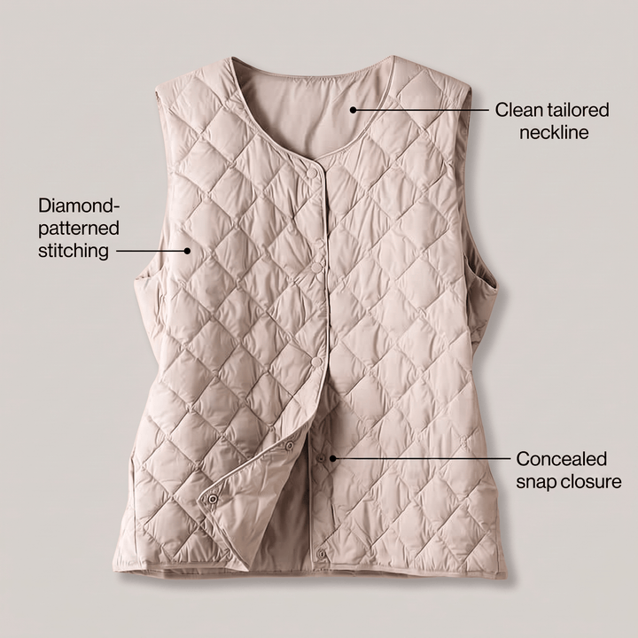 Beige quilted vest with clean round neckline, diamond stitching, concealed snap closure