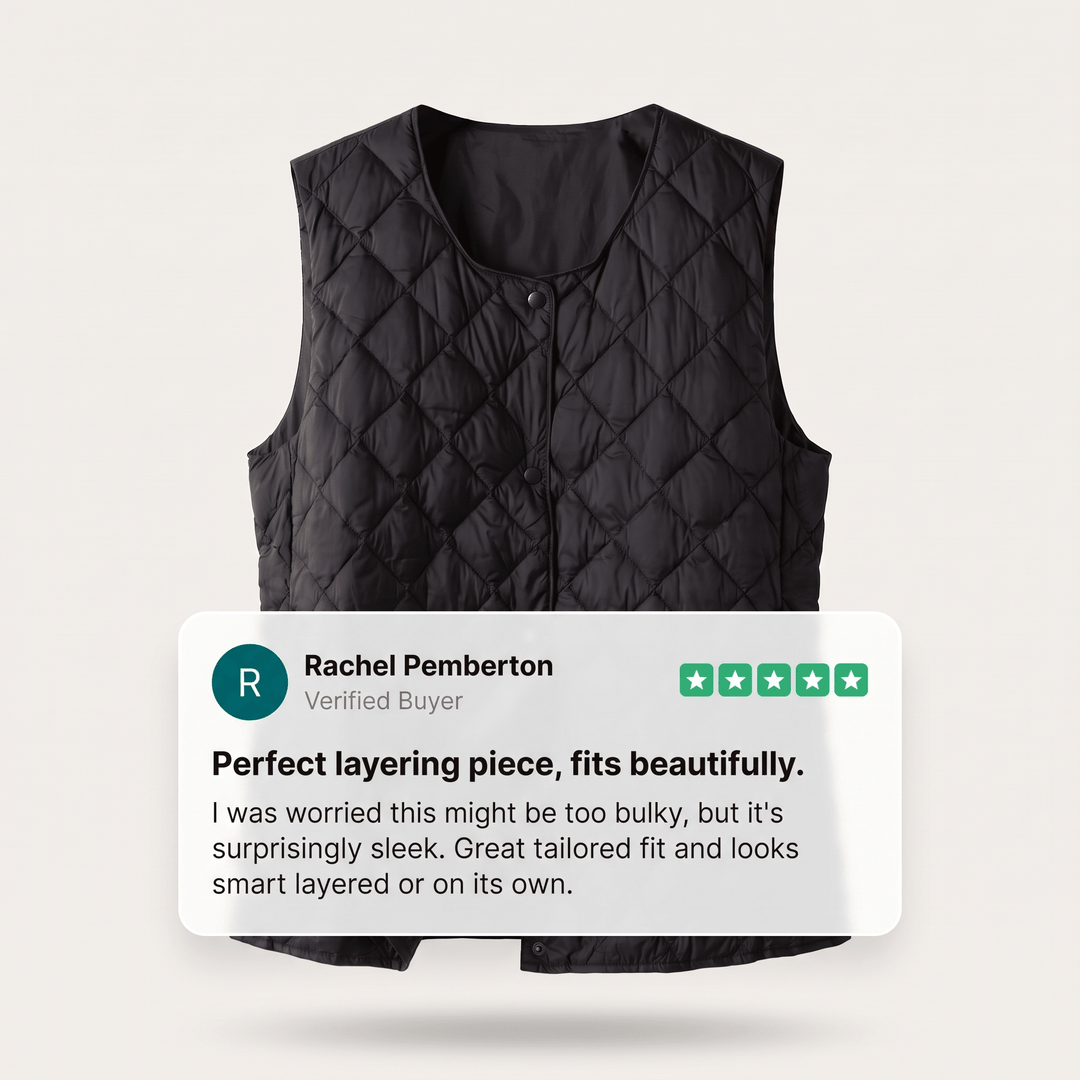 Black quilted sleeveless vest with diamond stitching and concealed snap-button front