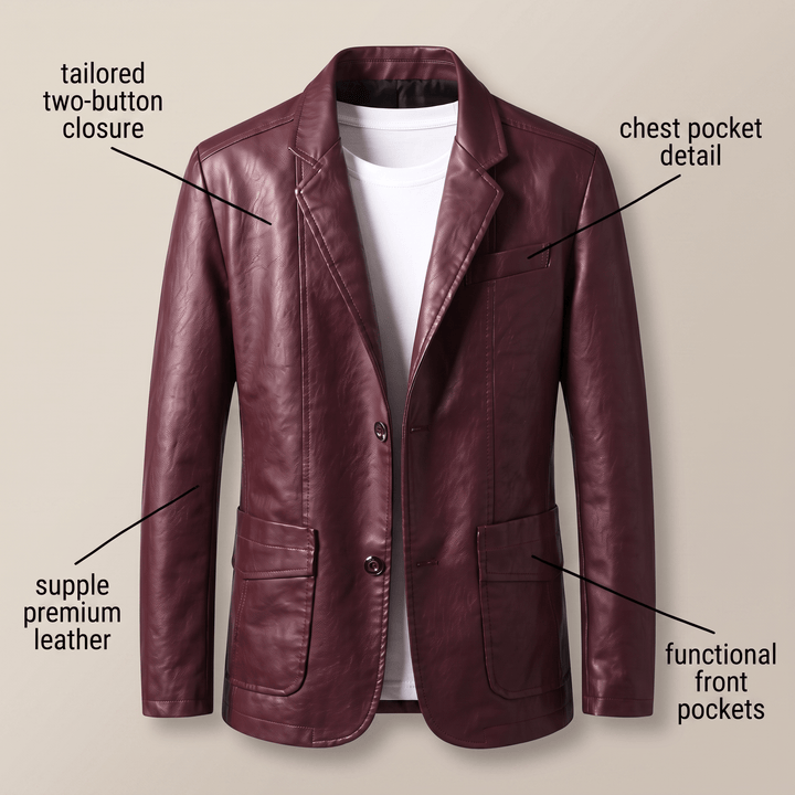 Burgundy red leather blazer with notch lapels, tailored two-button closure, and front pockets