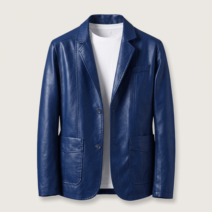 Royal blue leather blazer with notch lapels, two-button front, and front patch pockets