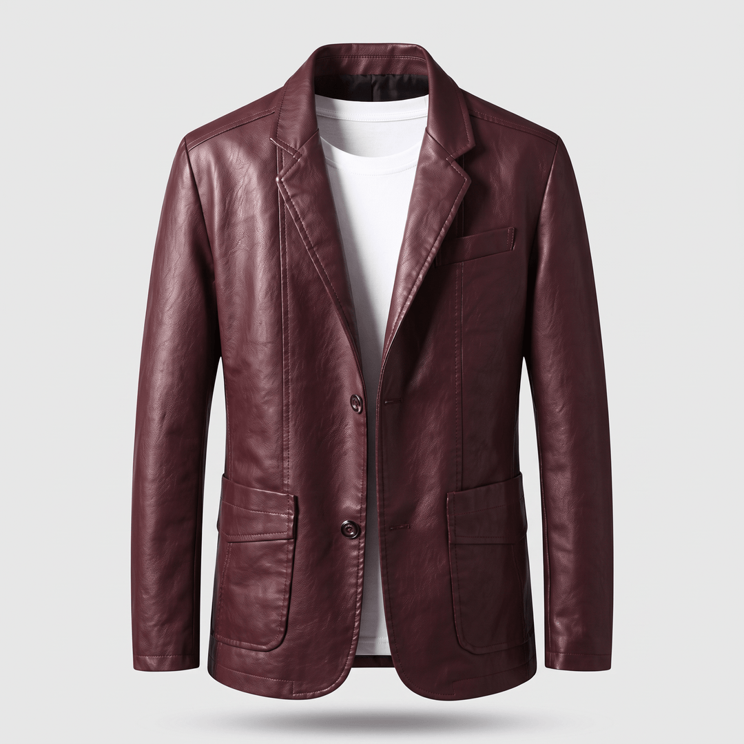 Burgundy red leather blazer with notch lapels, two-button front, and patch chest pocket