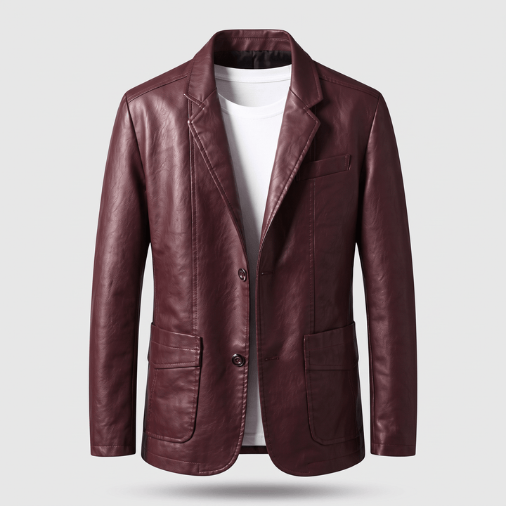 Burgundy red leather blazer with notch lapels, two-button front, and patch chest pocket