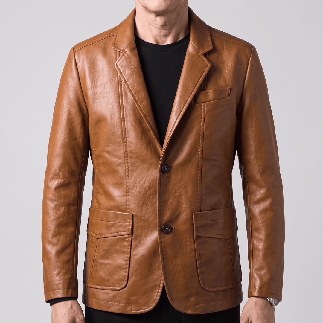 Cognac brown leather blazer with notch lapels, two-button front, and front patch pockets