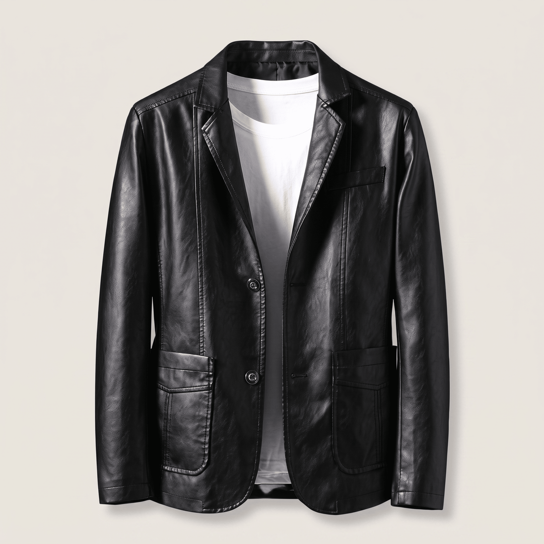 Obsidian black leather blazer with notch lapels, two-button front, and front patch pockets
