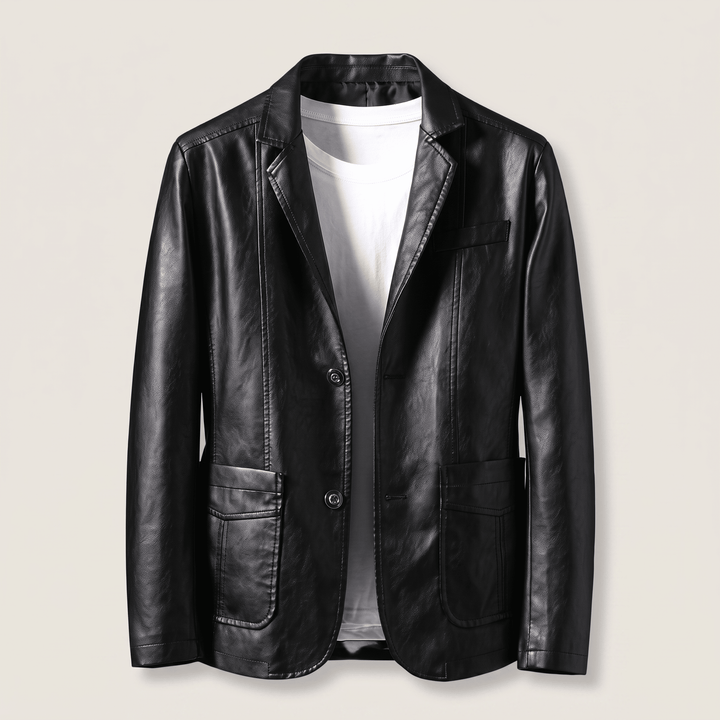Obsidian black leather blazer with notch lapels, two-button front, and front patch pockets