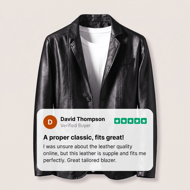 Obsidian black leather blazer with notch lapels, two-button front, and patch pockets