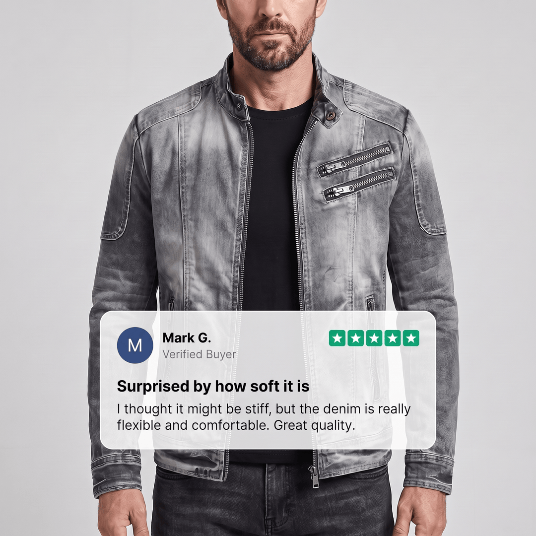 Washed denim retro jacket with stand collar, front zip, and chest zip detailing