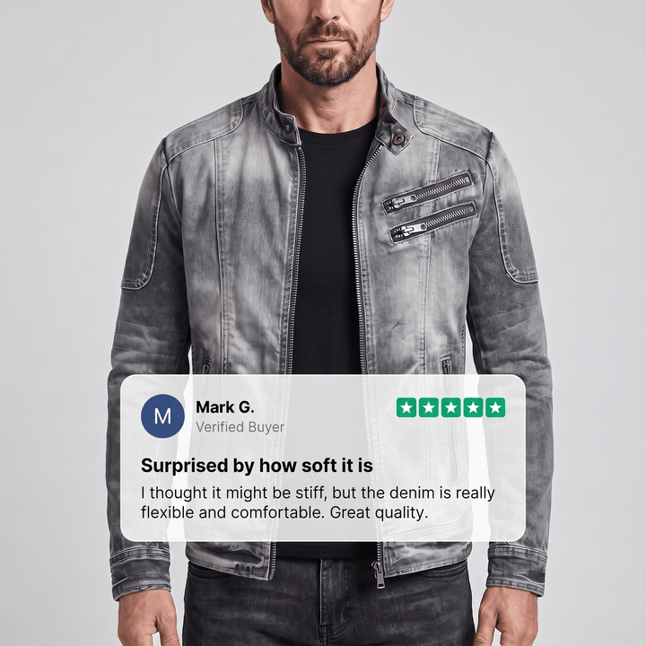 Washed denim retro jacket with stand collar, front zip, and chest zip detailing