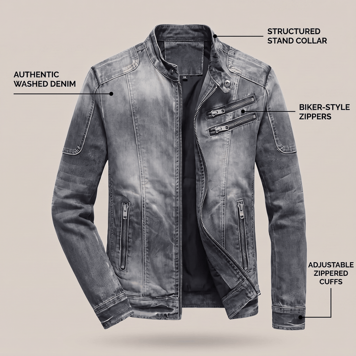 Washed denim biker jacket with structured stand collar, multiple zip pockets, zip cuffs
