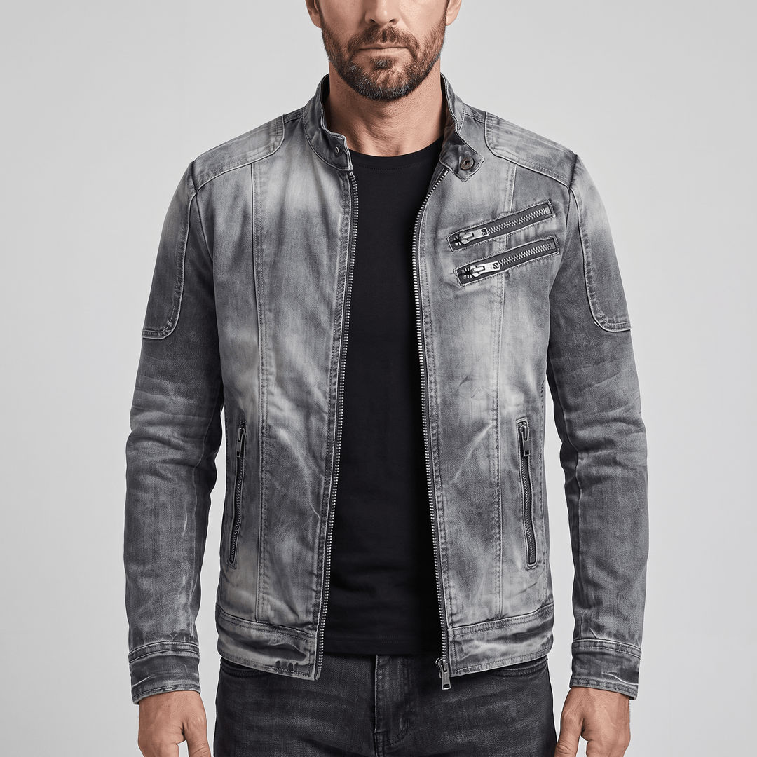 Washed denim retro jacket with stand collar and front zip, chest zipper pockets