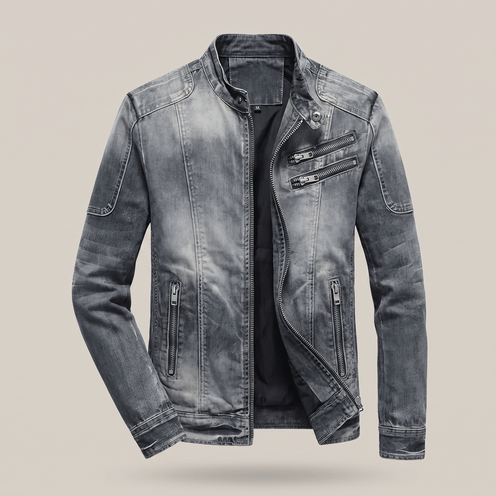 Washed blue denim biker-style jacket with stand collar and zip chest pockets