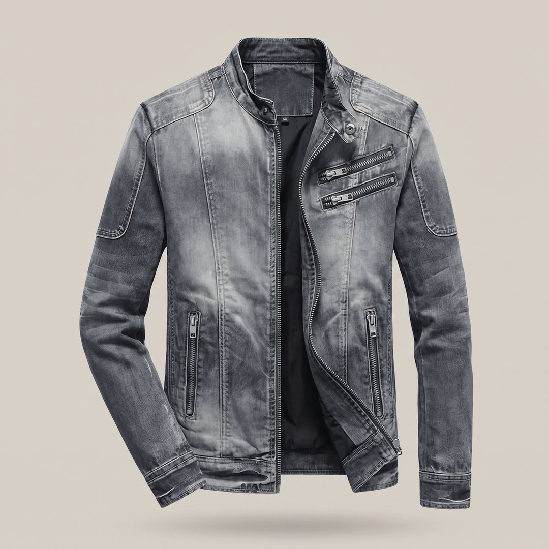 Washed blue denim biker-style jacket with stand collar and zip chest pockets