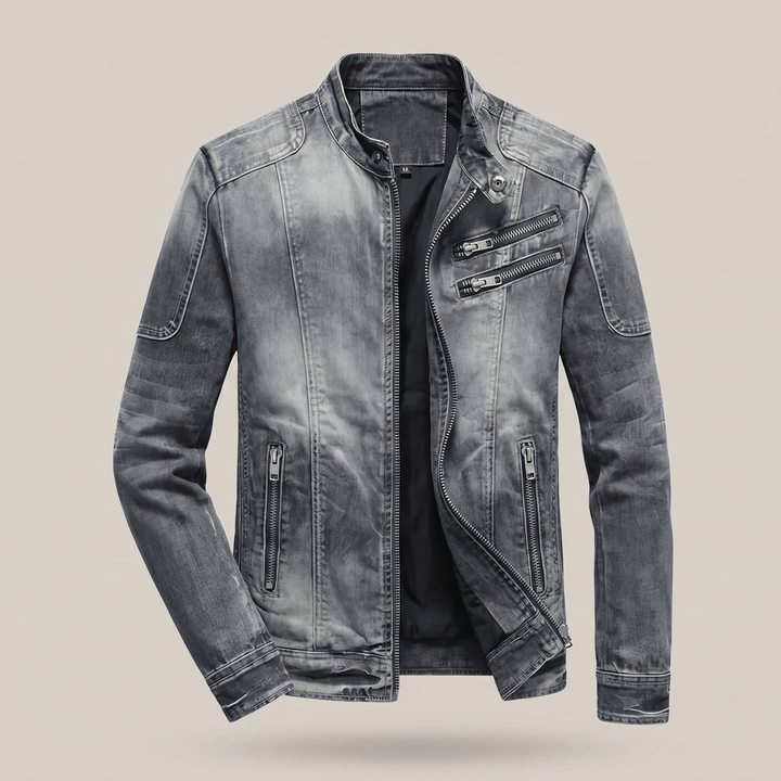 Washed blue denim biker-style jacket with stand collar and zip chest pockets