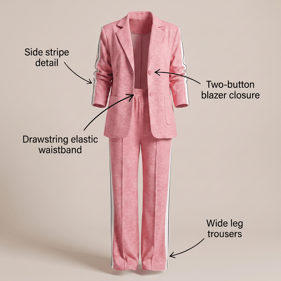 Pink two-button blazer suit set with side stripe, drawstring waist and wide-leg trousers