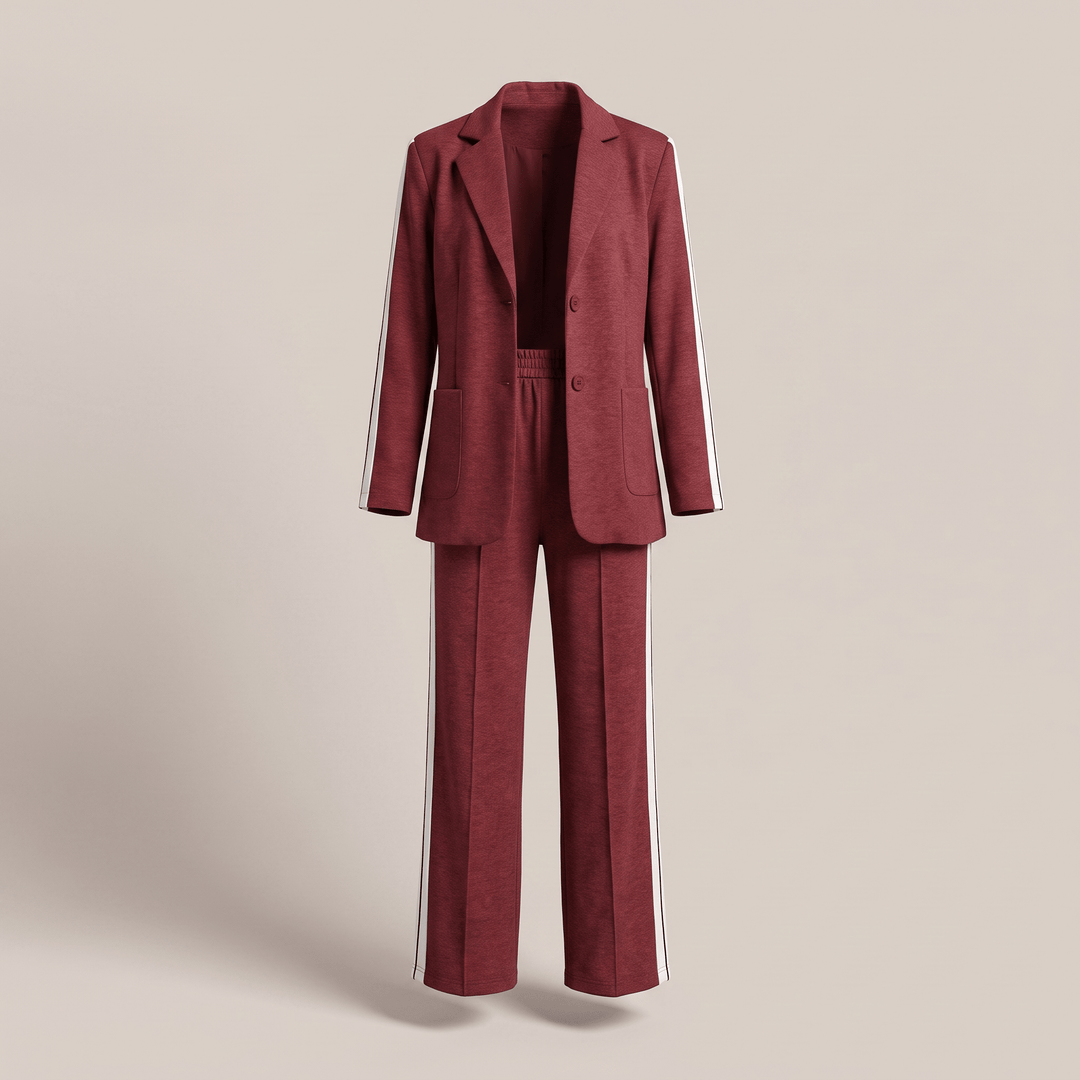 Burgundy casual office suit with blazer and wide-leg trousers, notch lapel, button front.