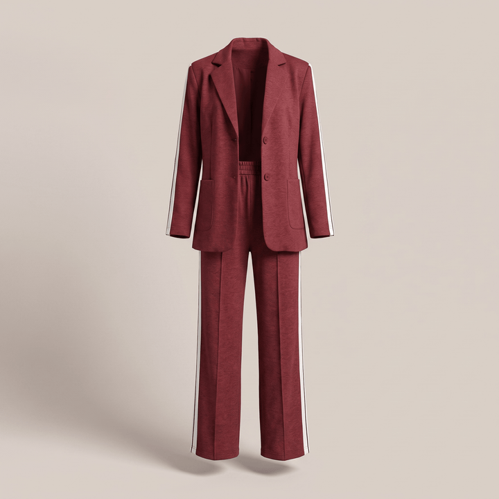 Burgundy casual office suit with blazer and wide-leg trousers, notch lapel, button front.