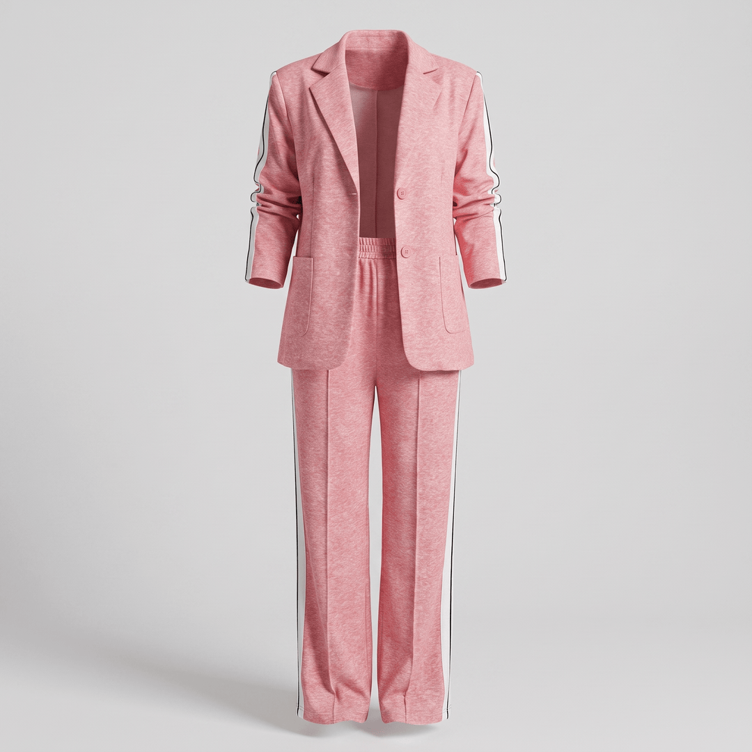 Pink casual office suit with blazer and wide-leg trousers, notch lapel, button front.