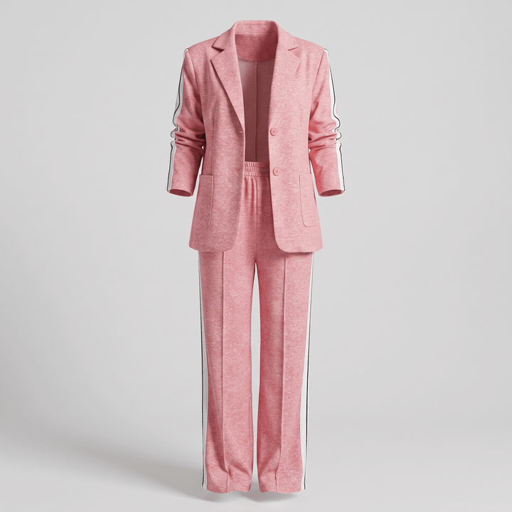 Pink casual office suit with blazer and wide-leg trousers, notch lapel, button front.