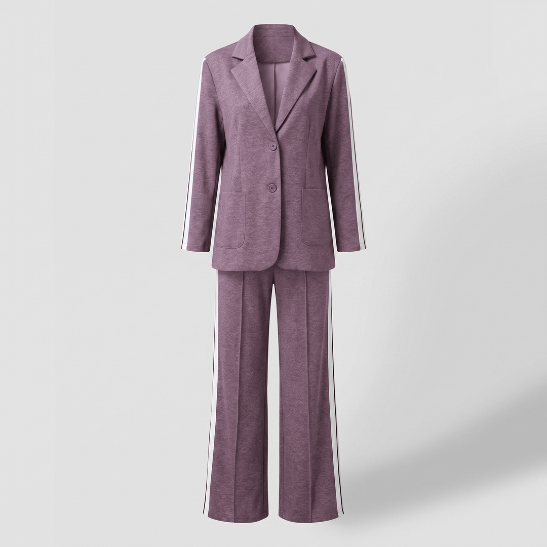 Purple casual office suit with blazer and wide-leg trousers, notch lapel, button front.